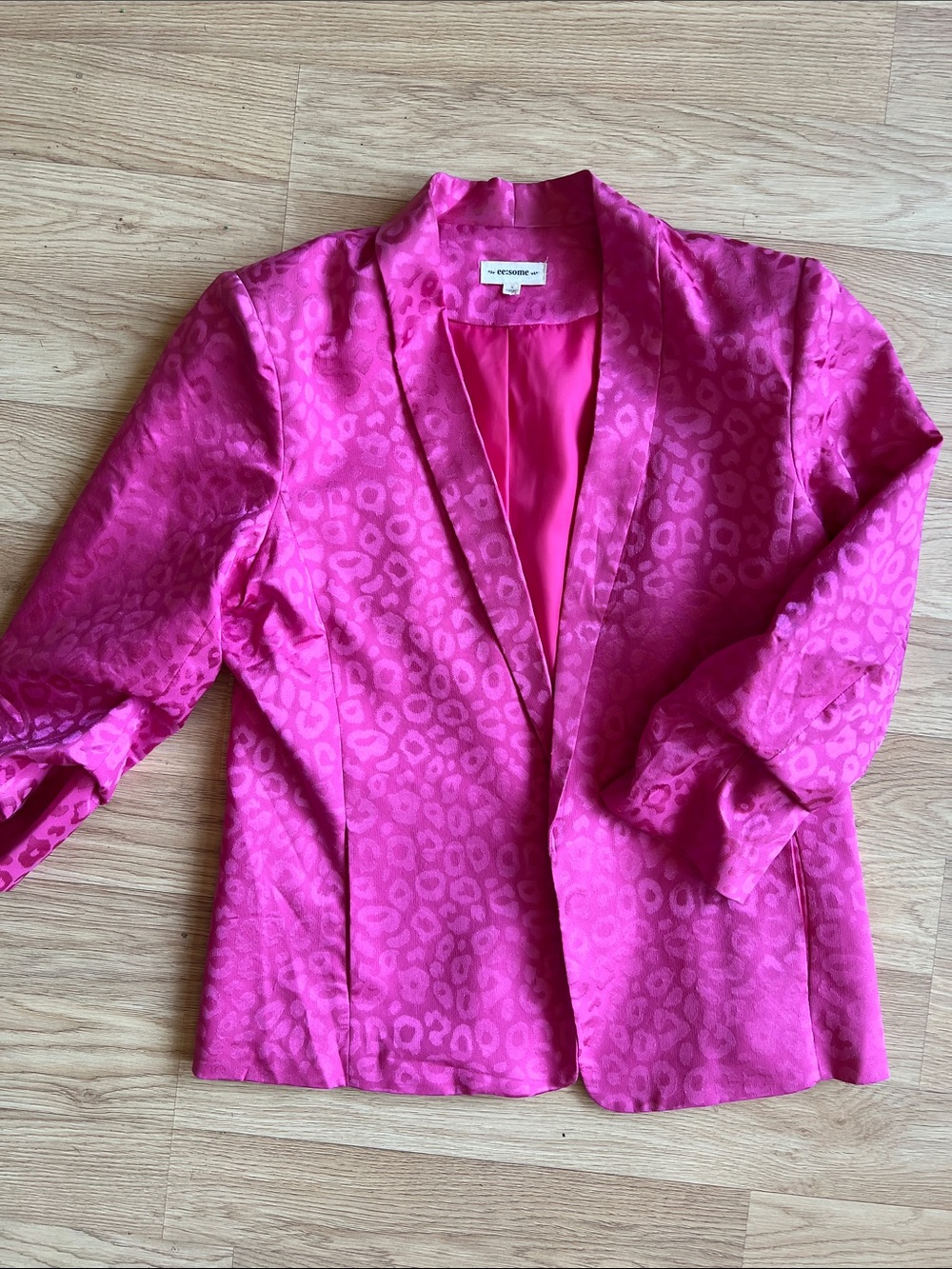 Hot Pink Cheetah Leopard-Pattern Satin 3/4 Sleeve Blazer Sz L